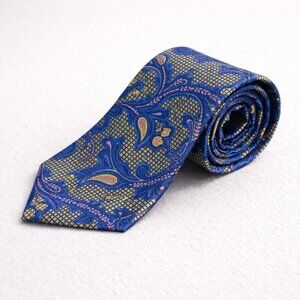 Imani Uomo Paisley Blue and Gold Men's Silk Tie Pattern Classic Designer Necktie